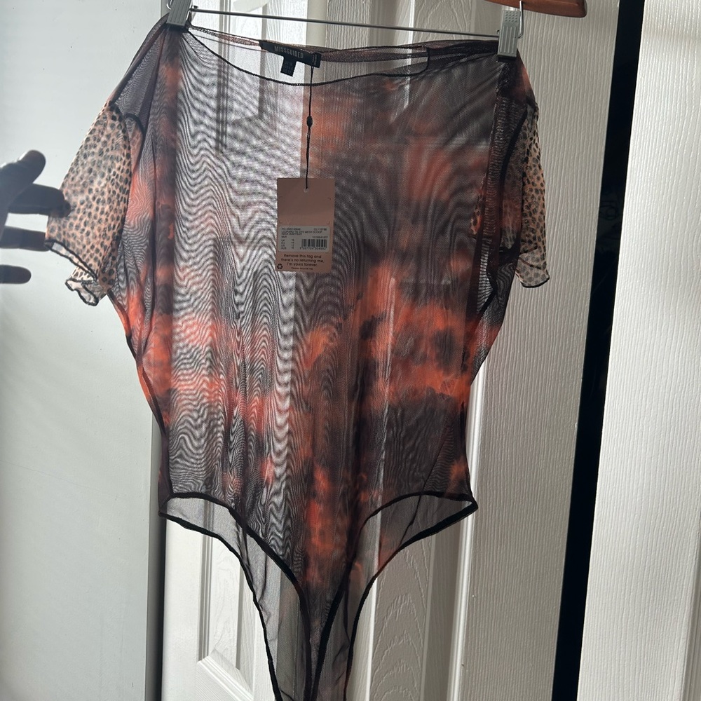 Sz12 Sheer Brown Black and Orange w Cheetah capped sleeved thong bodysuit